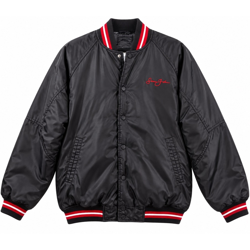 Sean John Varsity Bomber Jacket Nylon Padded M Black Red Y2K Streetwear